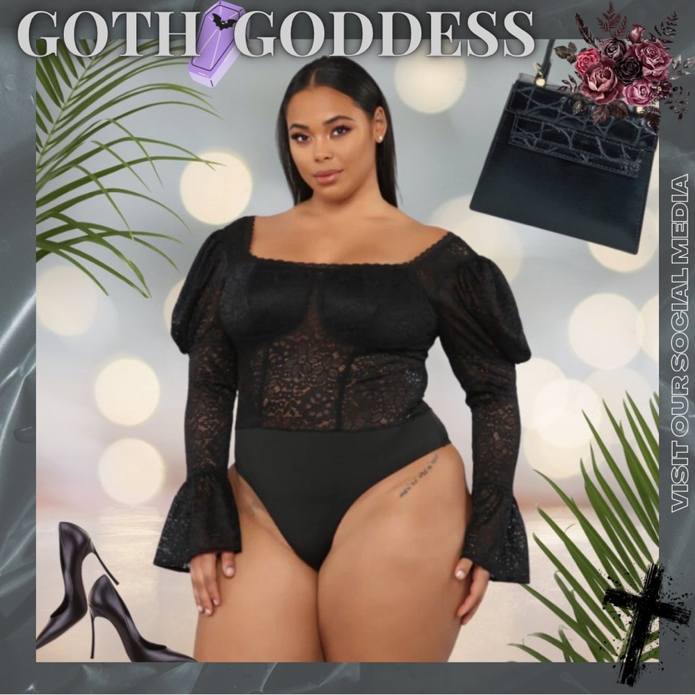 ✅ Goth Lace Bell Sleeve Bodysuit - Black plus Size